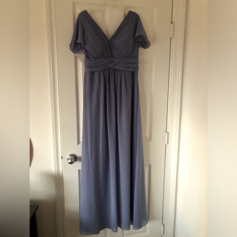 Dusty Blue Chiffon Tulle & Chantilly V-Neck Maxi Dress with Flutter Sleeves